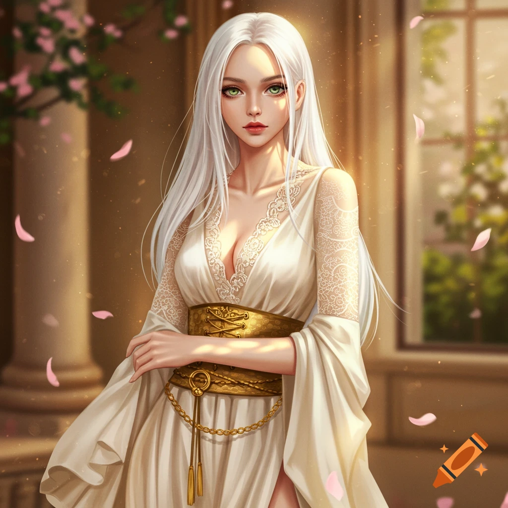 A white-haired woman with green eyes wears a flowing white dress with a gold belt, standing in a sunlit hall with falling pink petals.
