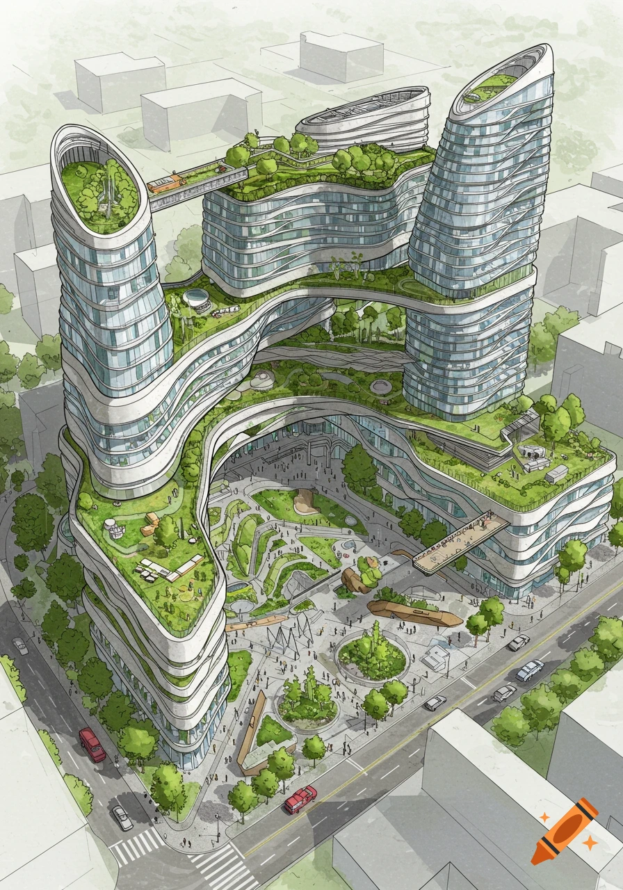 An architectural sketch of a large, modern, multi-level building complex with extensive green rooftops and terraced gardens, surrounded by an urban landscape with roads and small figures.