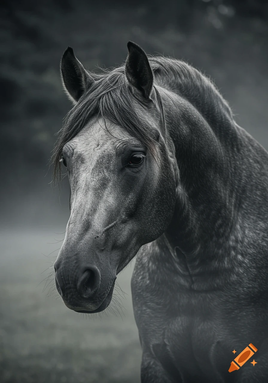 A close-up, black and white photorealistic portrait of a horse's head, featuring its mane, eyes, and muzzle in detail.