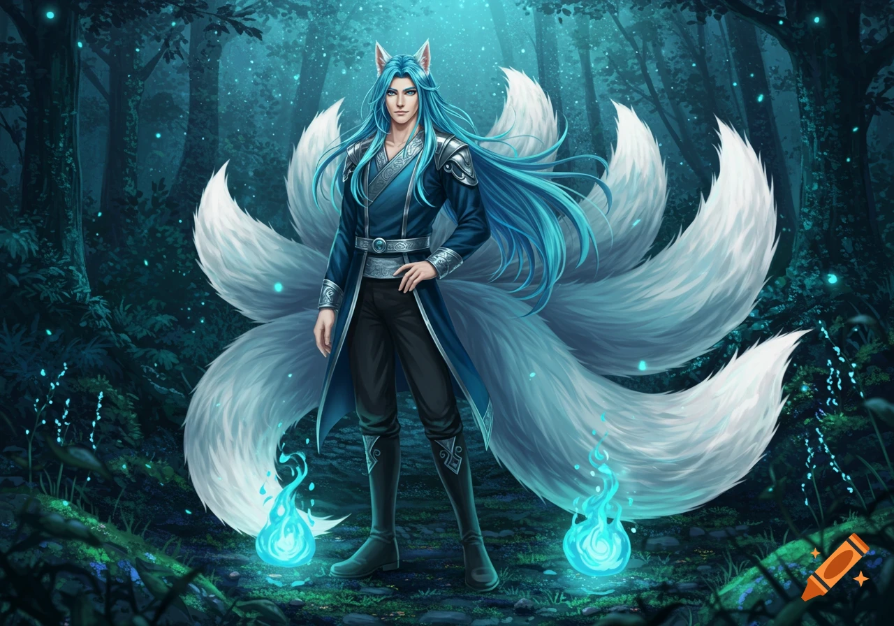 A male kitsune with long blue hair and nine white tails stands in a mystical dark forest with glowing blue elements.