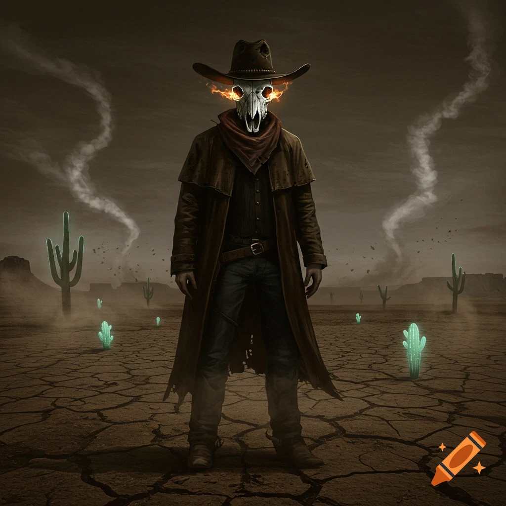 A figure with a glowing skull for a head, wearing a cowboy hat and duster coat, stands in a cracked desert with glowing cacti and swirling smoke.