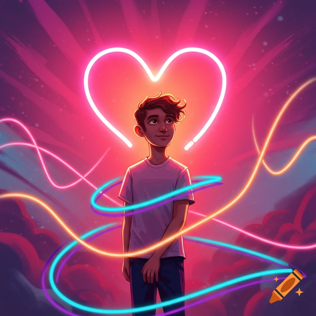 A vibrant illustration of a young boy looking up at a glowing neon heart, surrounded by colorful abstract lines.