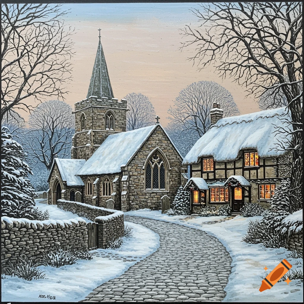 A detailed illustration of a snowy English village with a stone church, a thatched-roof cottage, and a winding cobblestone path.