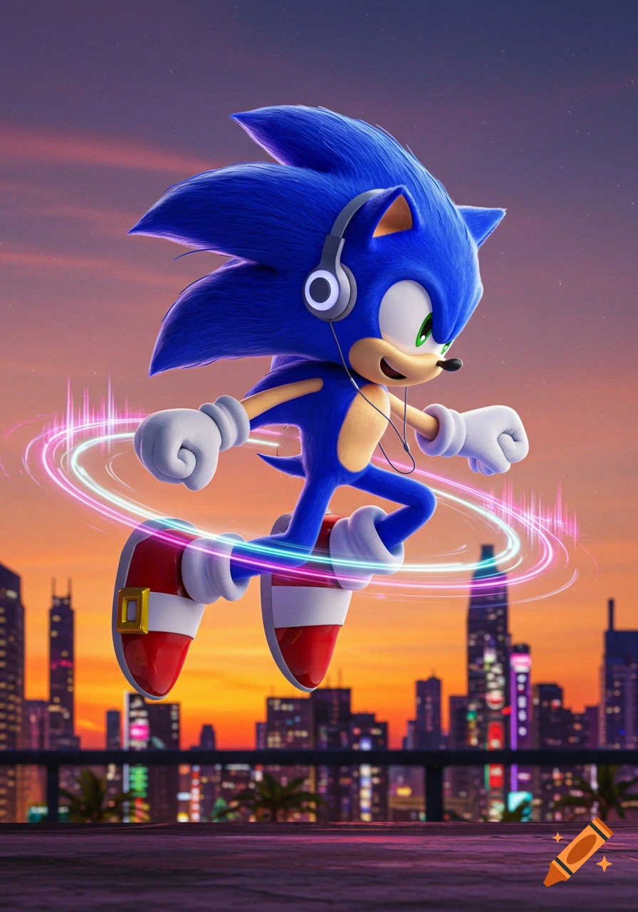 Sonic the Hedgehog jumping with headphones over a city skyline at sunset, with colorful light rings around him.