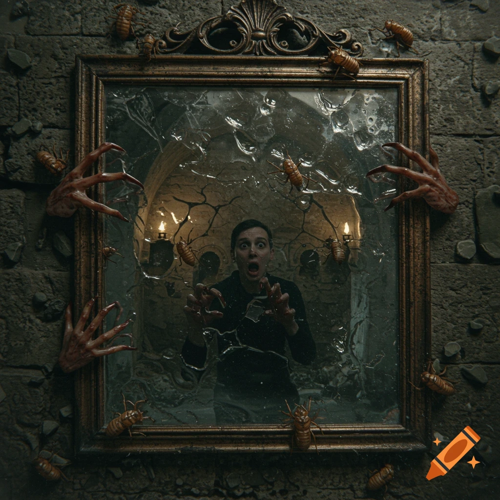 A terrified person trapped in a broken, ornate mirror, surrounded by clawed hands and cicadas.