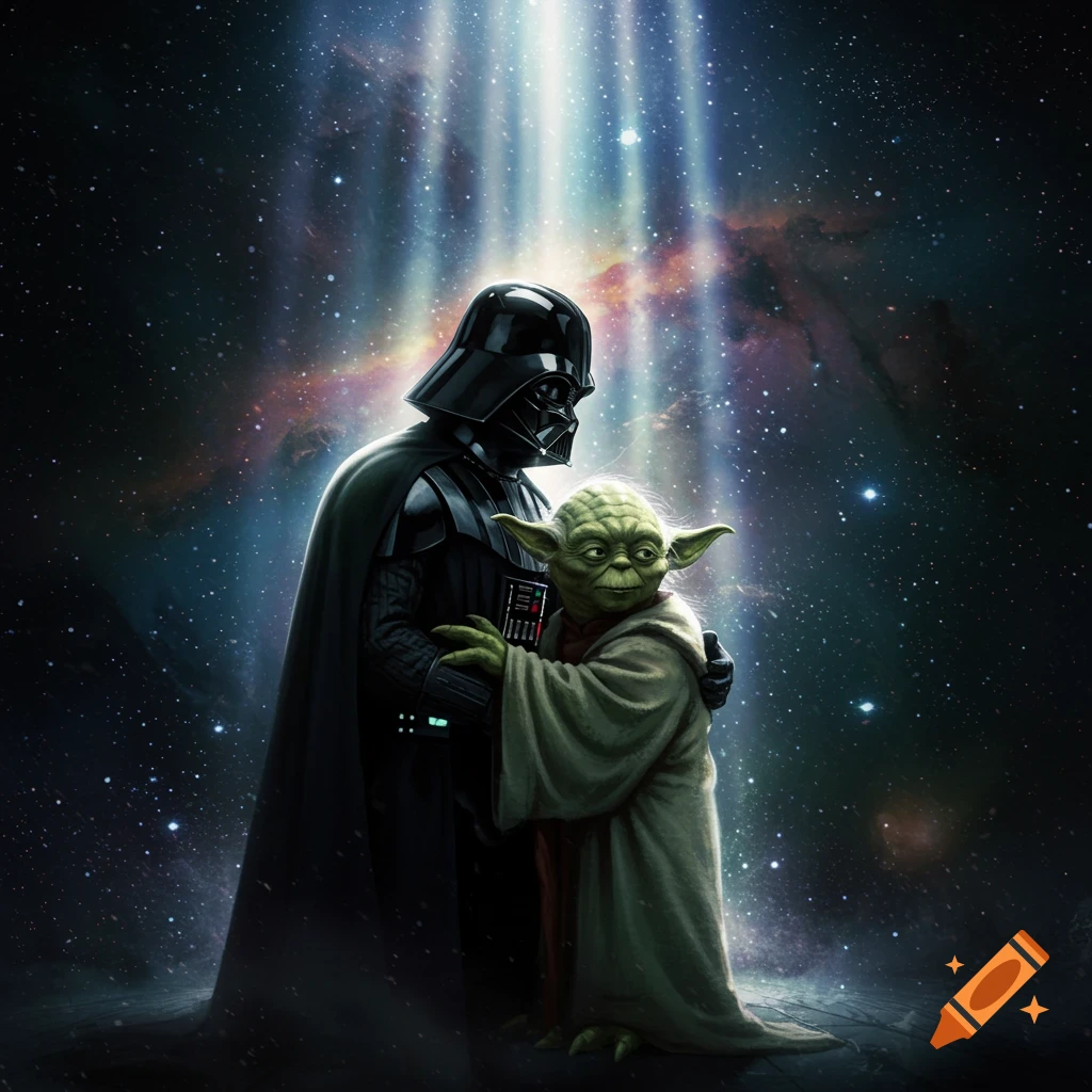 Darth Vader and Yoda embrace against a cosmic backdrop of stars, nebulae, and dramatic light rays shining down from above.