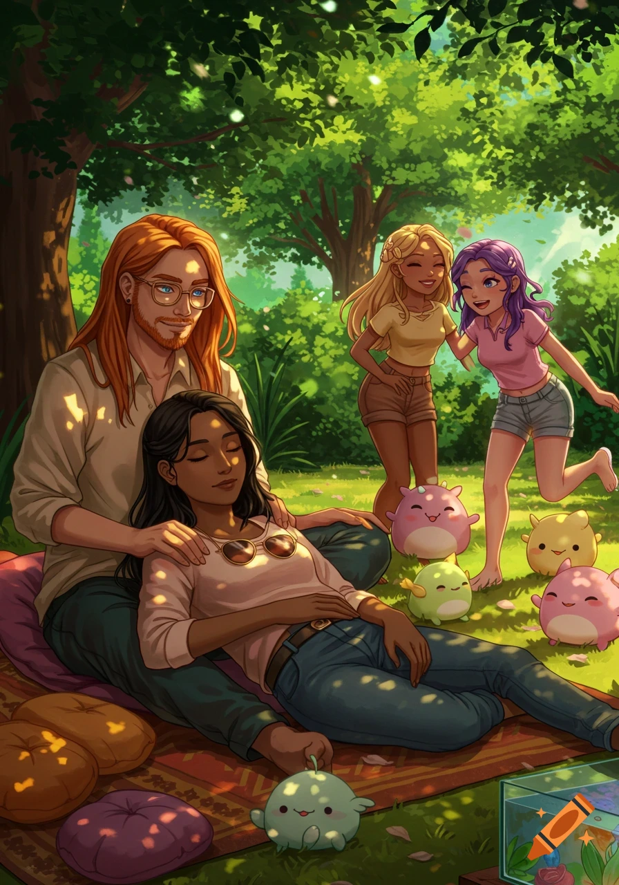 Illustrated image of a group of friends having a picnic in a sunny, lush green forest with small, cute creatures.