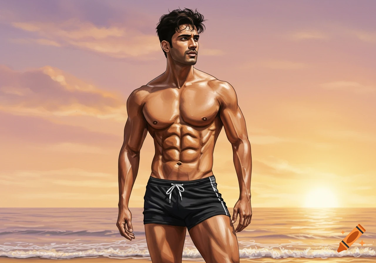 Muscular Indian man with an 8-pack in swim shorts on a beach at sunset, illustration style.