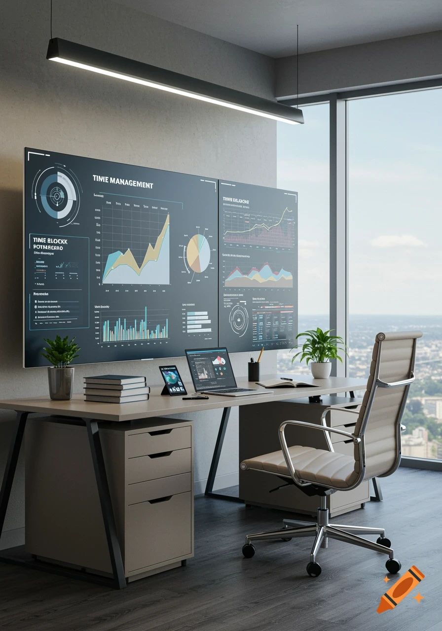 A photorealistic image of a modern office desk with two large monitors displaying charts and graphs, a laptop, a tablet, books, and a plant. An office chair is in front of the desk, with a large window offering a city view.