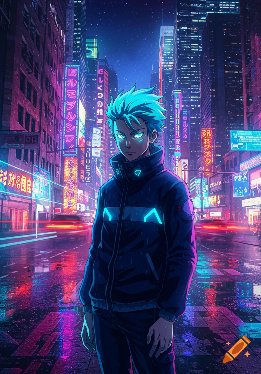 Anime character with glowing blue eyes and hair in a dark jacket, standing on a rainy cyberpunk city street with neon signs.