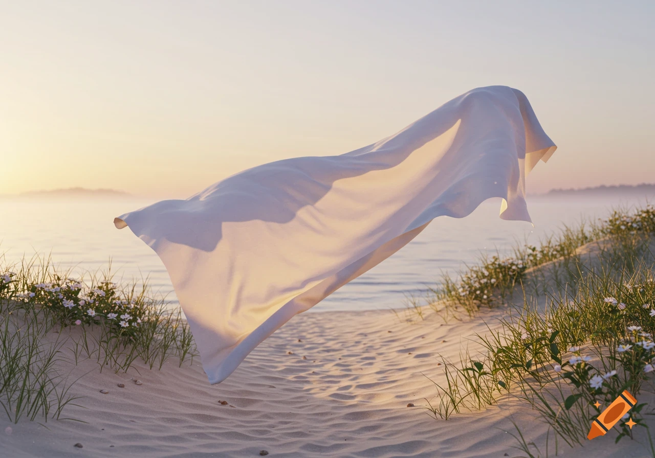 A white sheet floats above a sandy beach with small green plants and white flowers, with the ocean and a hazy distant land under a soft sunset sky.