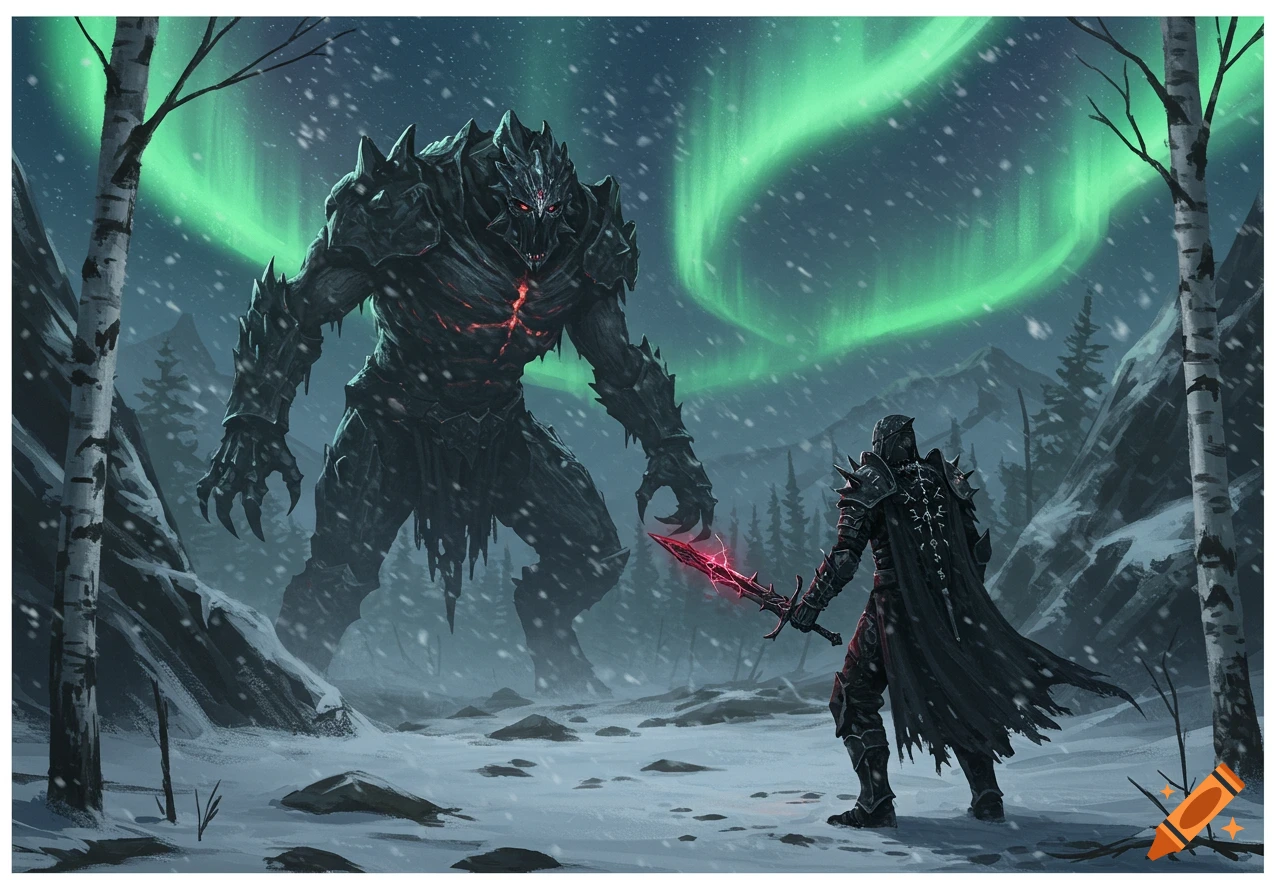 A dark, spiky monster with glowing red eyes and chest confronts a knight in black armor with a glowing red sword in a snowy, mountainous landscape under a green aurora borealis.