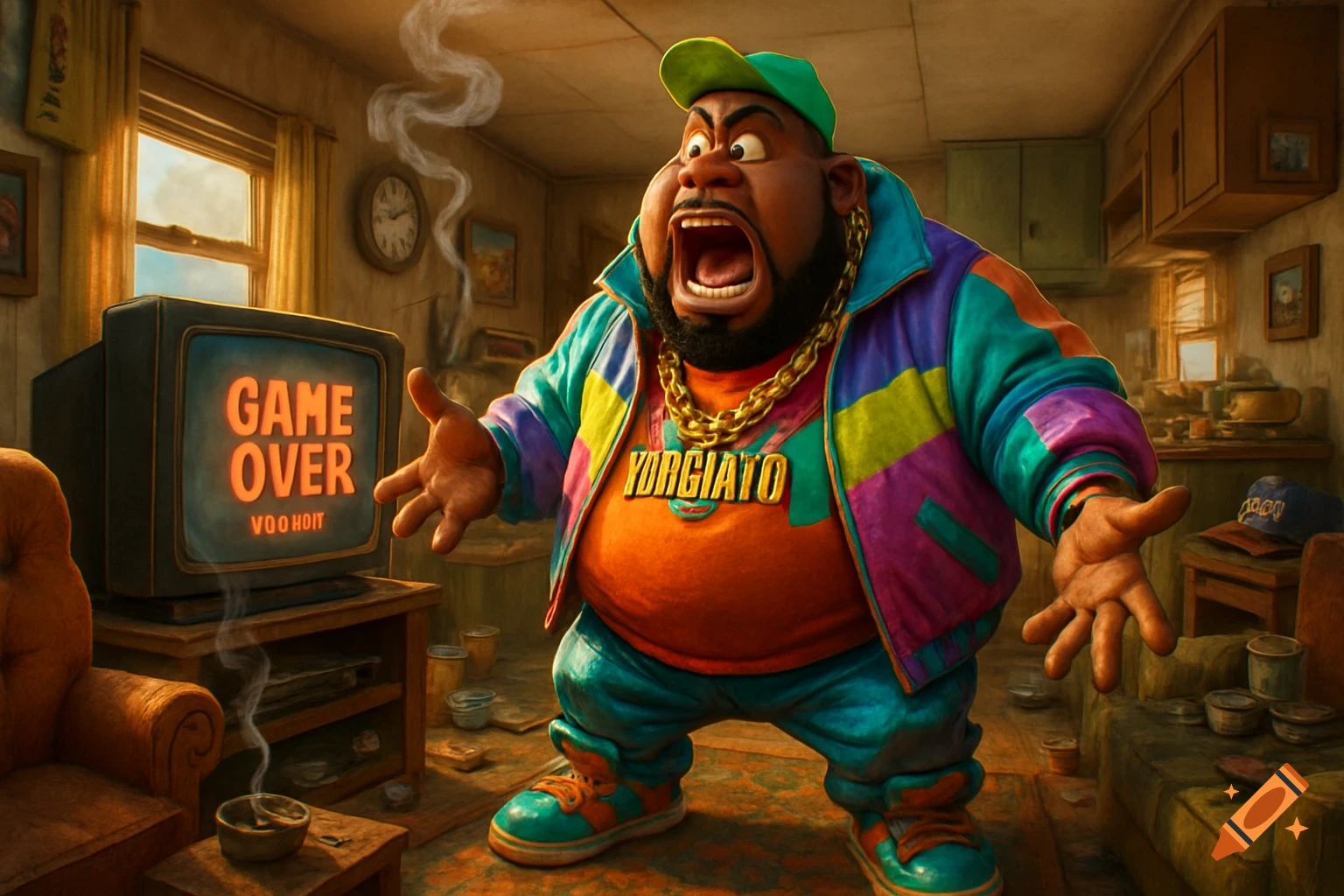A cartoonish, angry rap/hip-hop character in colorful clothes screams at a TV displaying "GAME OVER" in a messy living room.