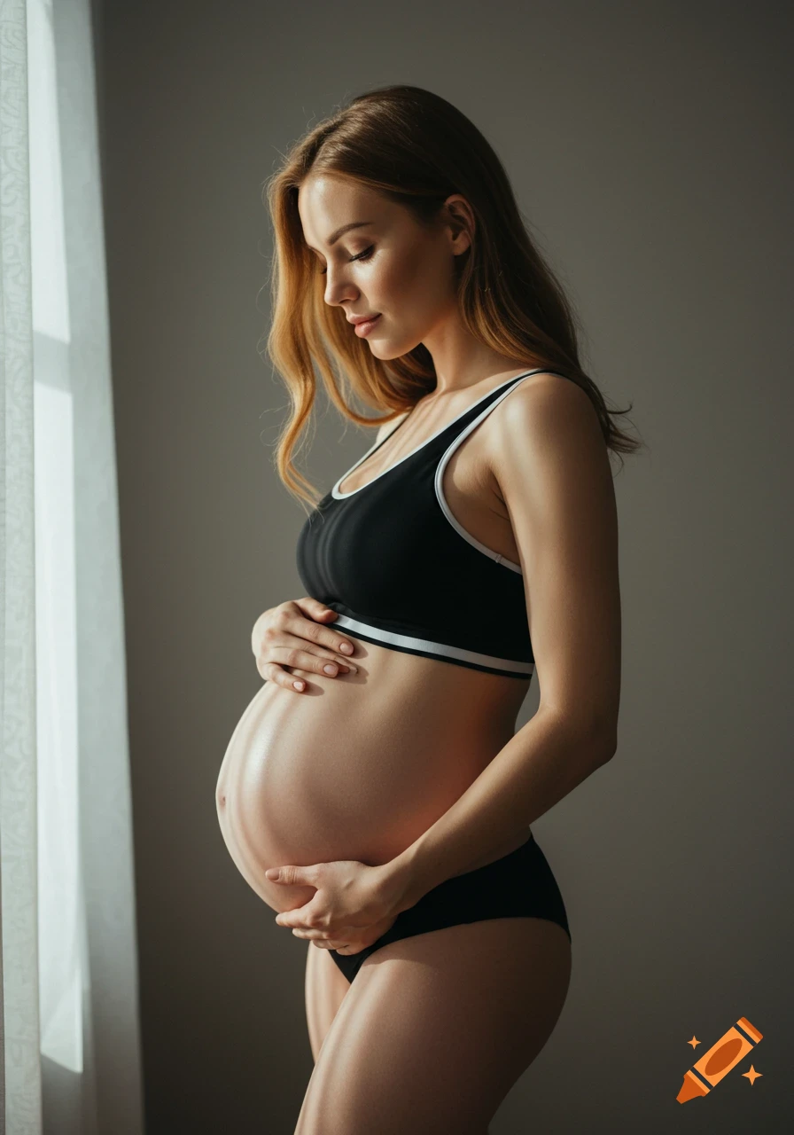 A pregnant woman in a black sports bra and underwear stands by a window, looking down at her belly.