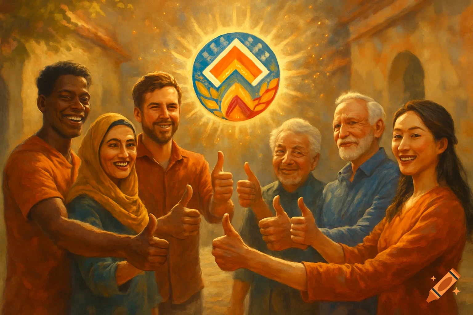 A diverse group of smiling people give thumbs up around a glowing abstract symbol, depicted in a painterly style.