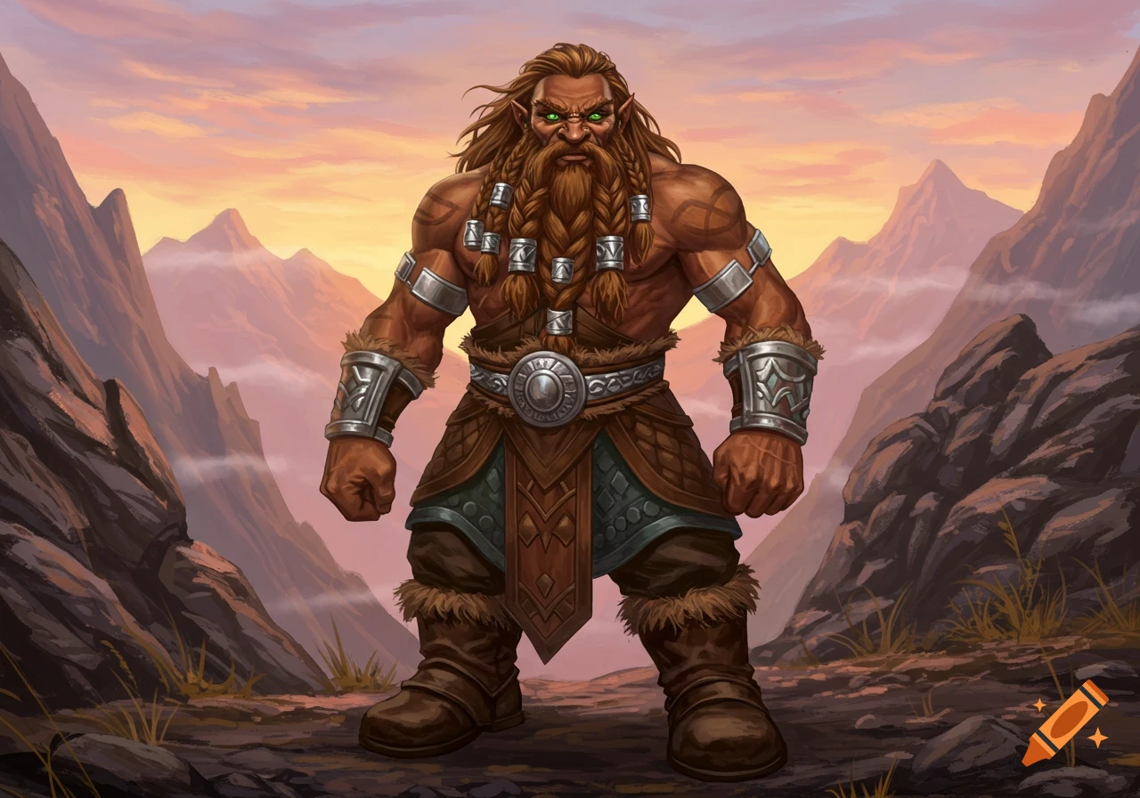 A muscular fantasy dwarf with a long braided beard, green eyes, and silver armbands stands in a rocky mountainous landscape at sunset.