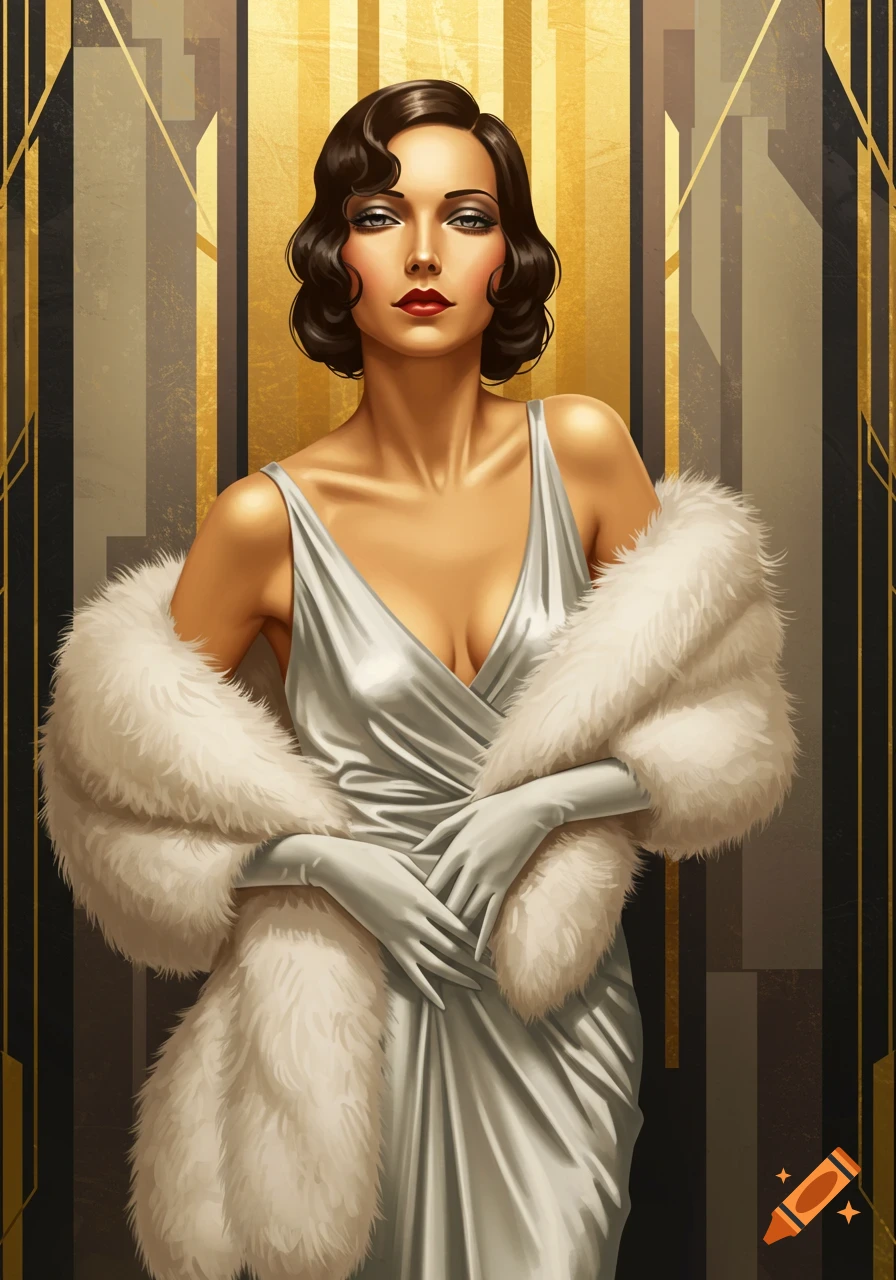 Art Deco portrait of a glamorous woman in a silver dress, white fur stole, and gloves against a gold and black geometric background.