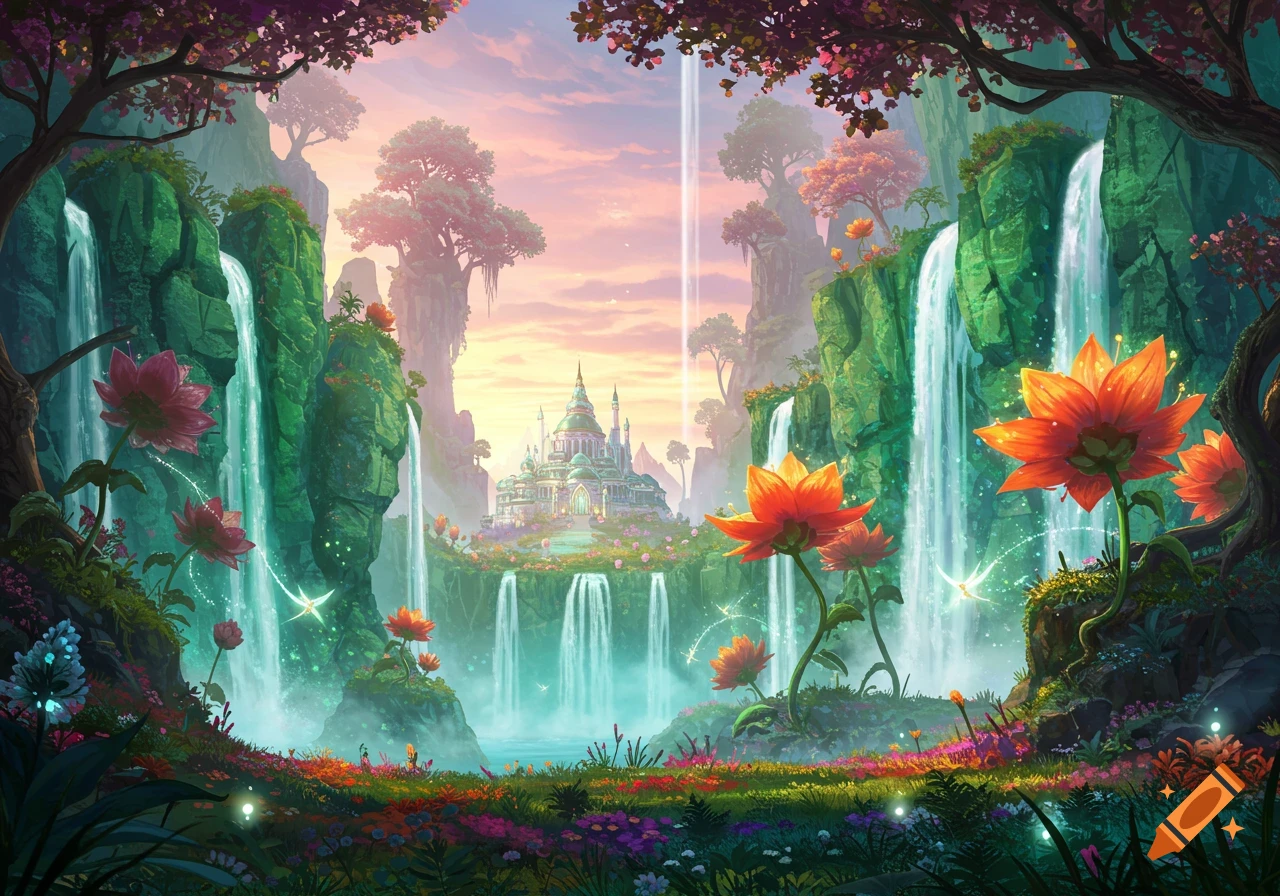A vibrant fantasy landscape with tall waterfalls, large glowing flowers in the foreground, and a majestic castle nestled amidst mountains under a pastel sky.
