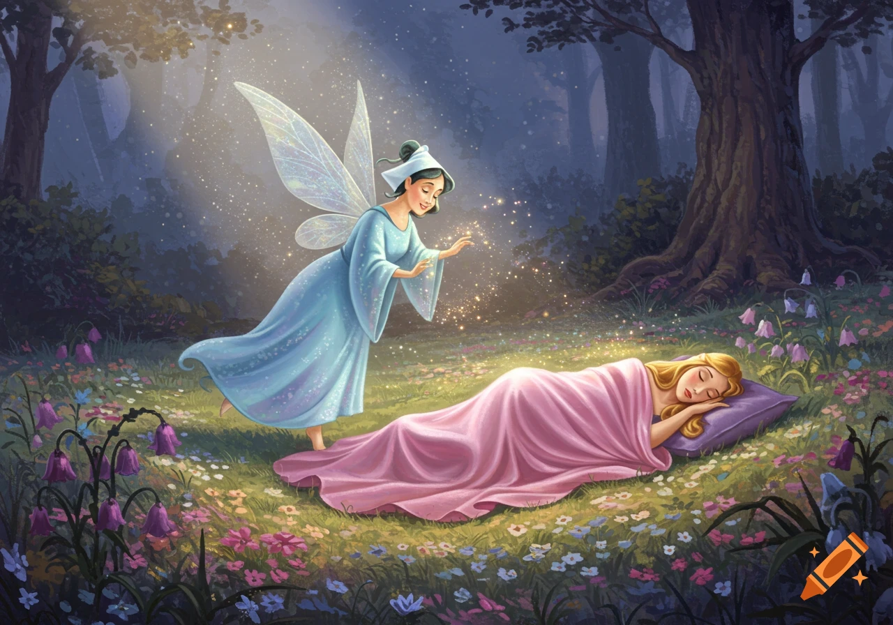 An illustration of a fairy sprinkling magic over a sleeping blonde girl in a vibrant forest clearing.