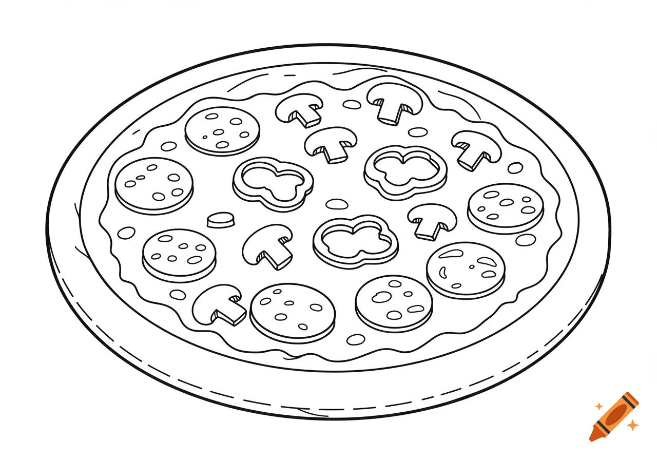 Black and white line art illustration of a pizza with pepperoni, mushrooms, and bell peppers for a coloring book.