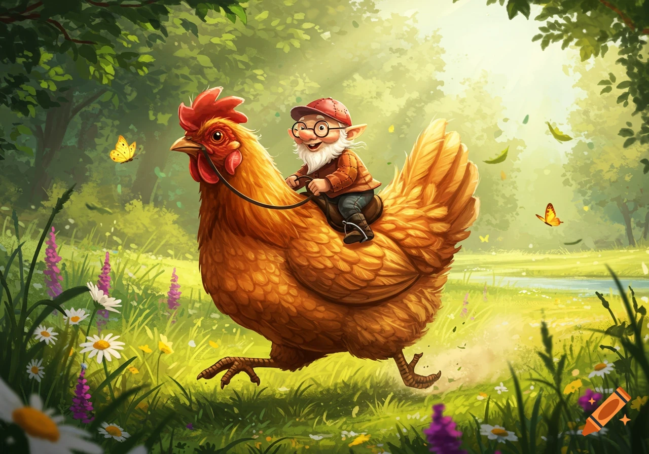 A whimsical gnome with a white beard and red hat rides a large brown chicken through a vibrant, sunlit meadow filled with wildflowers and butterflies.