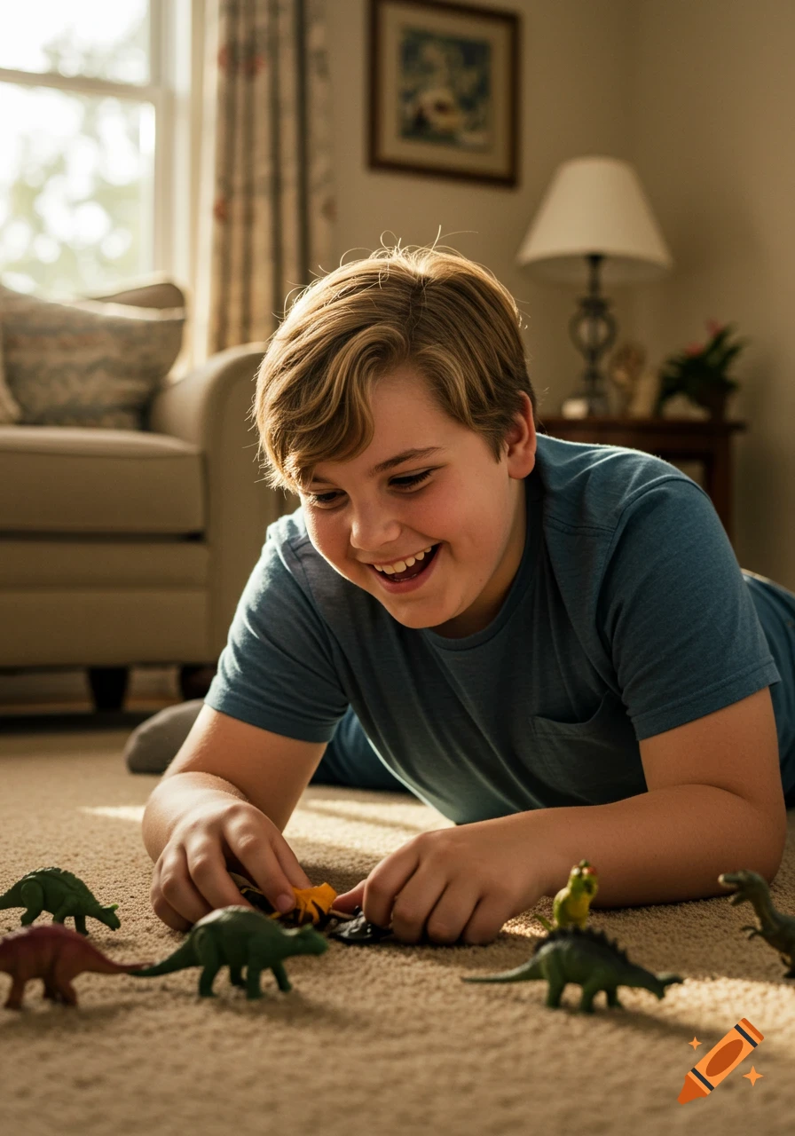 A boy lies on a carpeted floor, smiling as he plays with toy dinosaurs.