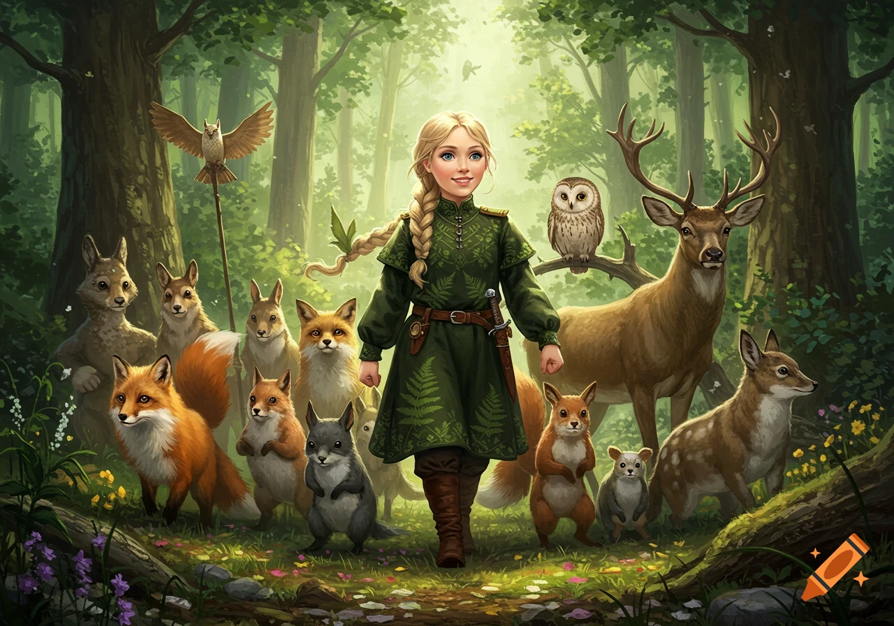 Blonde woman in green leads foxes, rabbits, a deer, and an owl through a lush forest. Fantasy illustration.