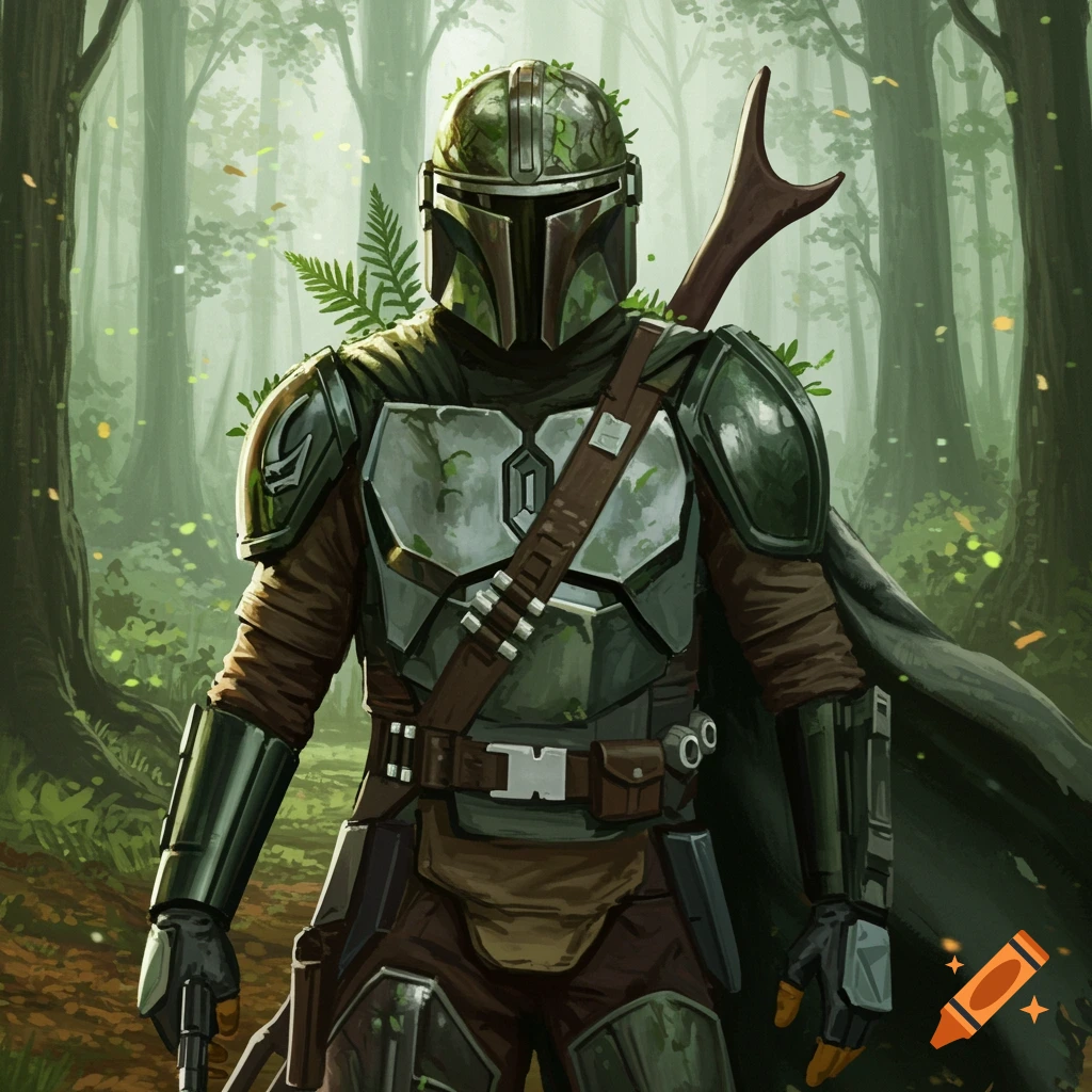 A stylized illustration of a Mandalorian-style character wearing armor adorned with moss and foliage, standing in a lush green forest.