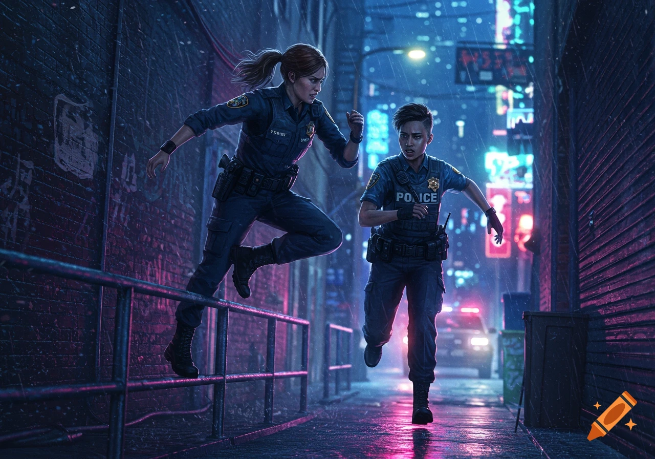 Two female police officers run through a rainy, neon-lit city alley at night, one jumping over a railing, in a dynamic, photorealistic style.