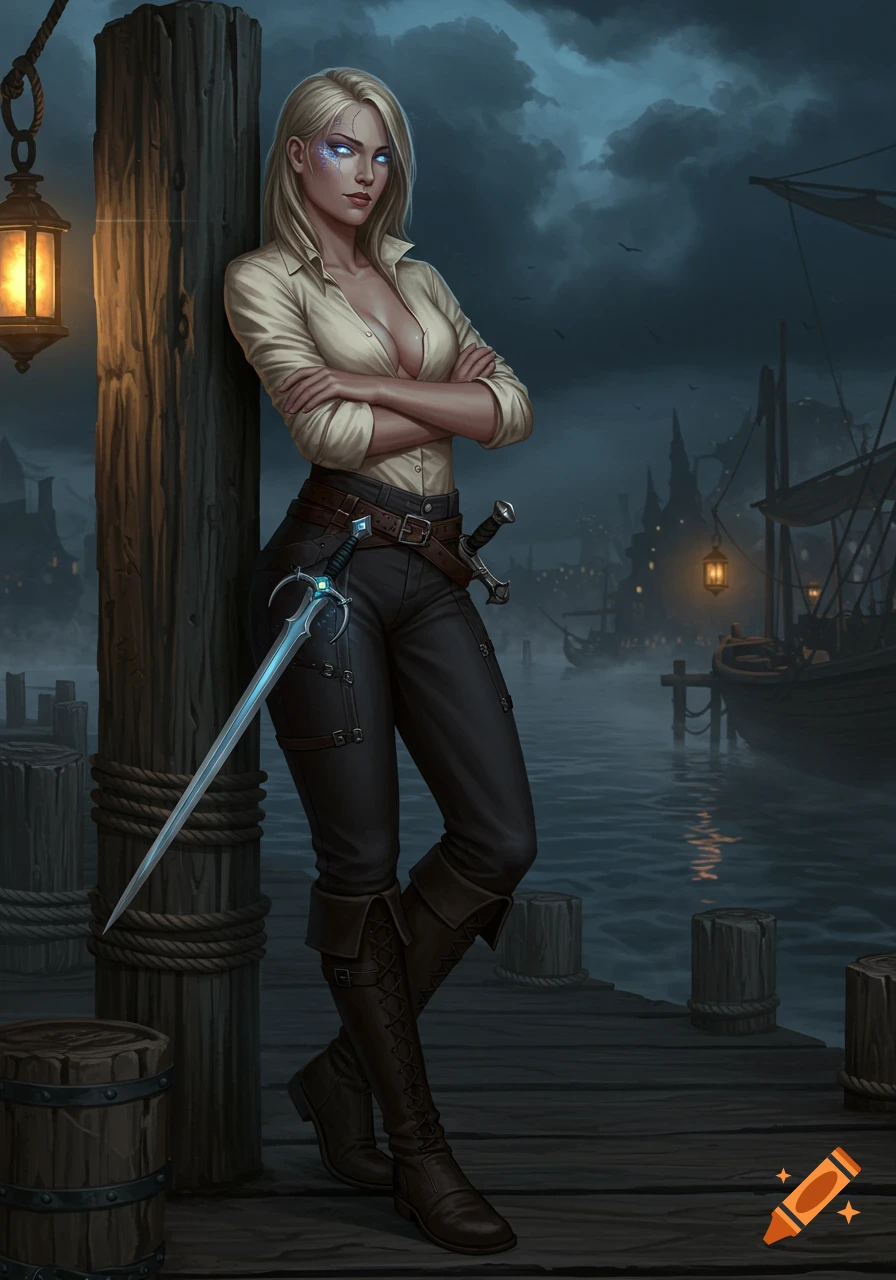 A blonde adventurer woman with blue eyes, wearing a white shirt and dark trousers, leans against a wooden post on a stormy dock at night. A glowing sword hangs by her side in this digital painting.