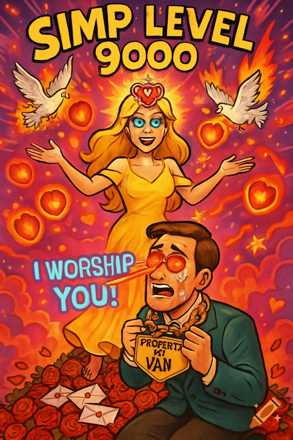 A vibrant cartoon shows a radiant blonde woman with blue eyes levitating above a weeping man kneeling on roses, wearing a "PROPERTA KI VAN" chain. Text says "SIMP LEVEL 9000" and "I WORSHIP YOU!".