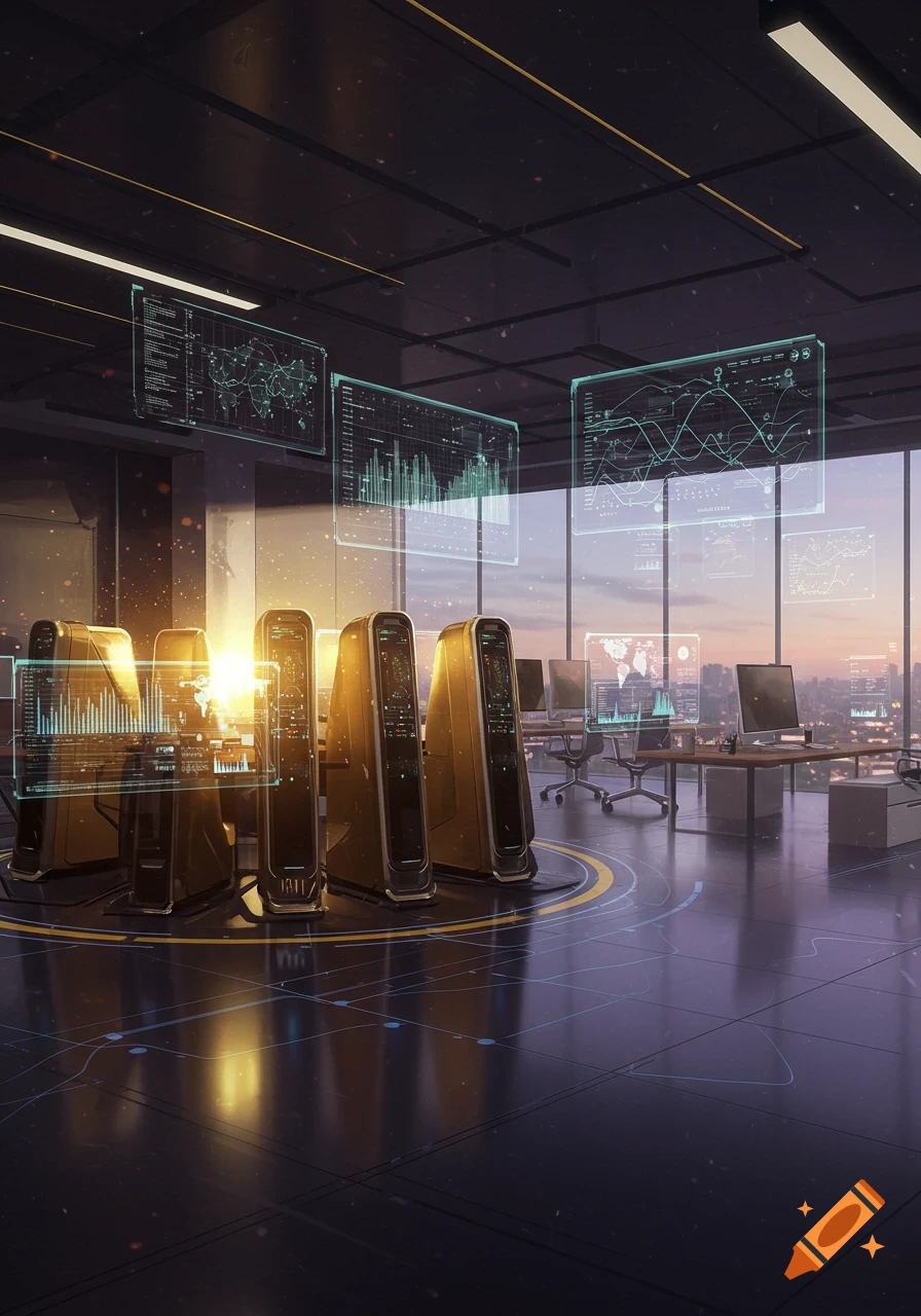 A futuristic office or data center with glowing servers, holographic displays showing data, and a city view at sunset.