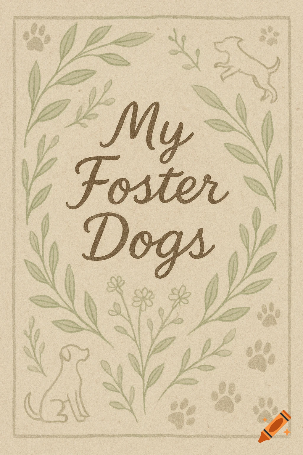 Scrapbook cover design with 'My Foster Dogs' title in brown script font, surrounded by green leaves, paw prints, and dog outlines on a beige background.