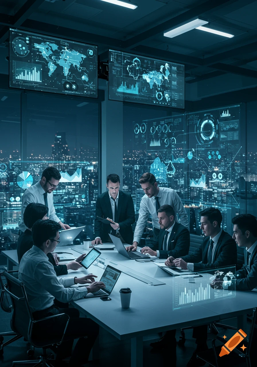 A group of business professionals in suits hold a meeting at a large table in a modern office with an expansive city skyline at night. Holographic data displays and large screens with world maps and charts surround them.