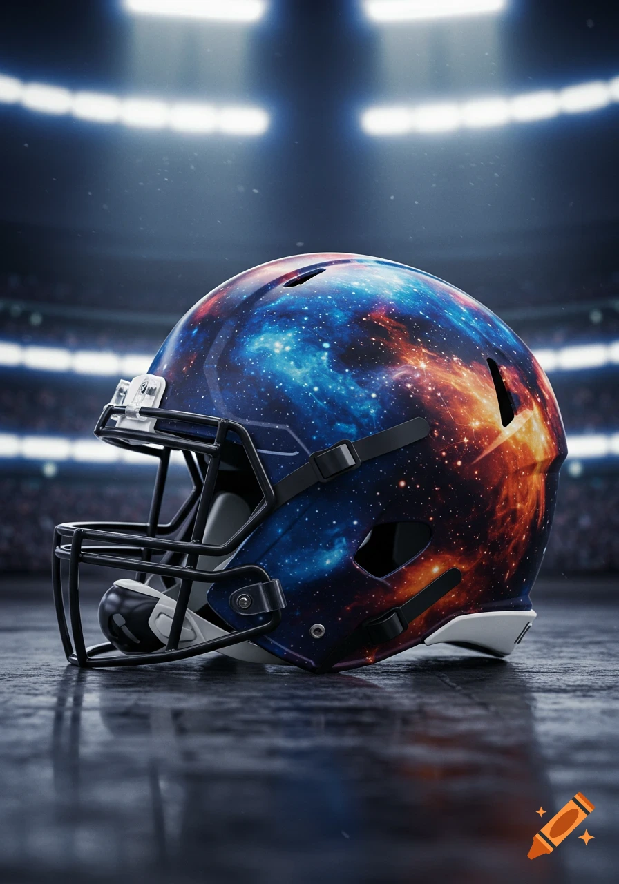 A photorealistic football helmet with a galaxy design sits on a wet surface in a stadium.