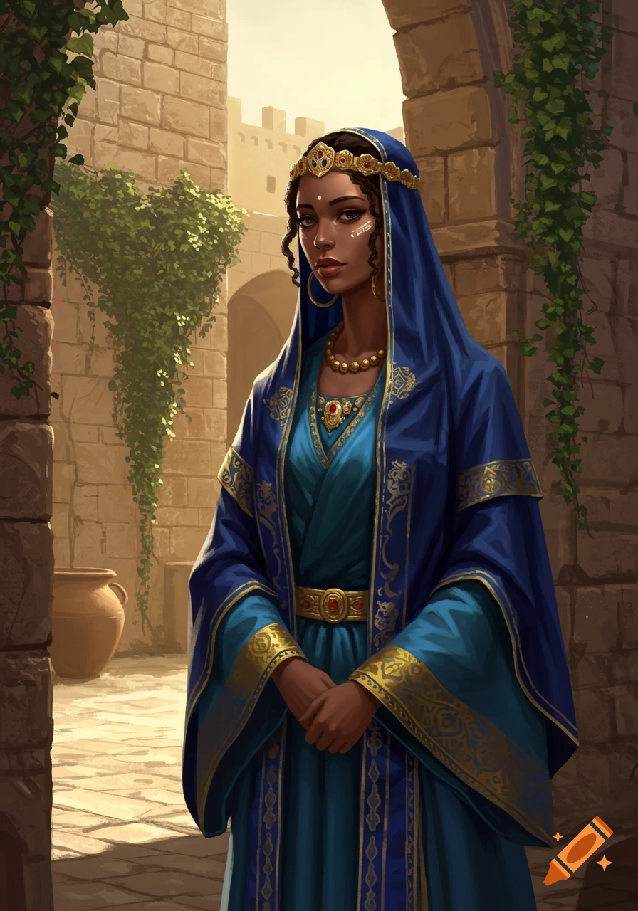 A digital art portrait of a young Black woman in rich blue and gold traditional attire and a head covering, standing in a stone alleyway.