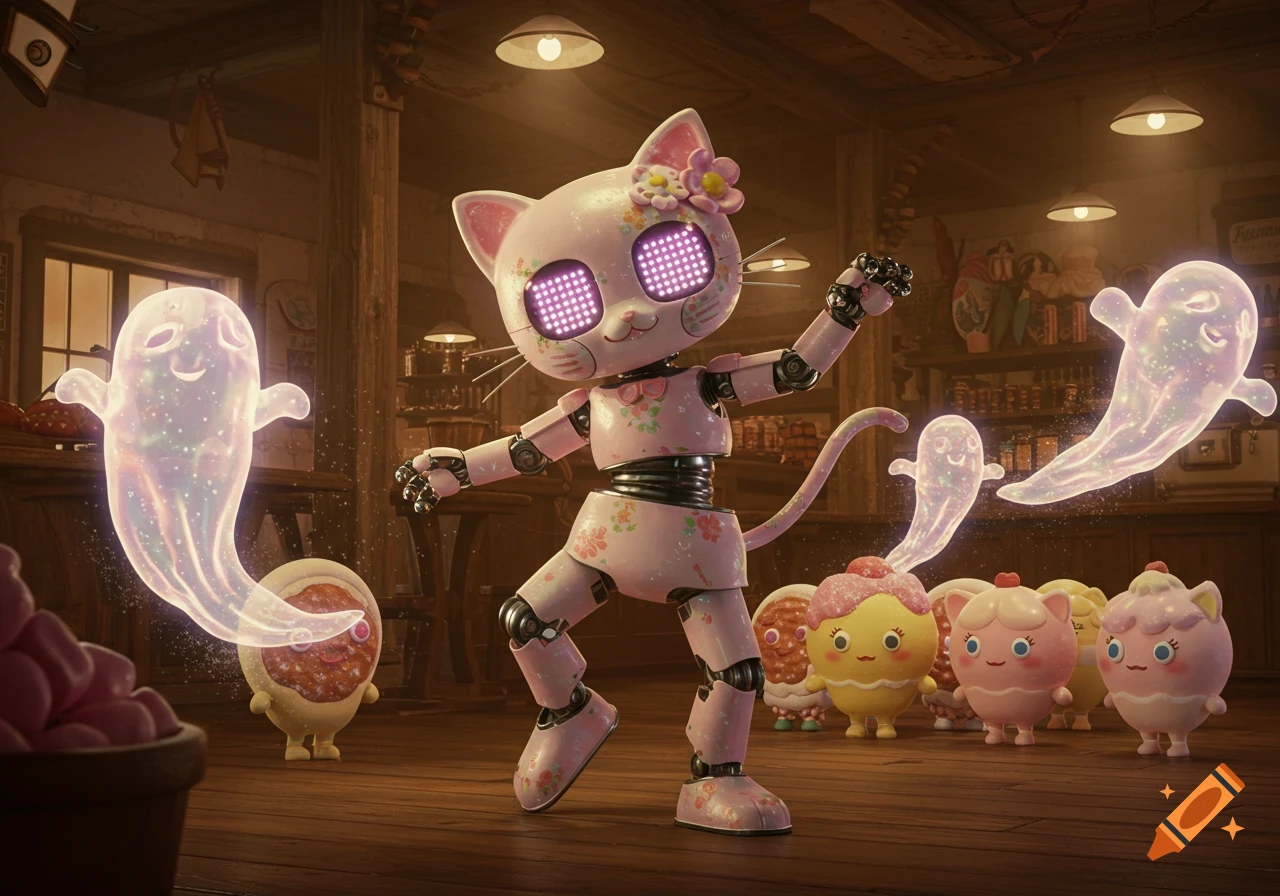 A pink robotic cat with glowing eyes dances with sparkling ghosts in an old delicatessen while cute sweet treats watch.