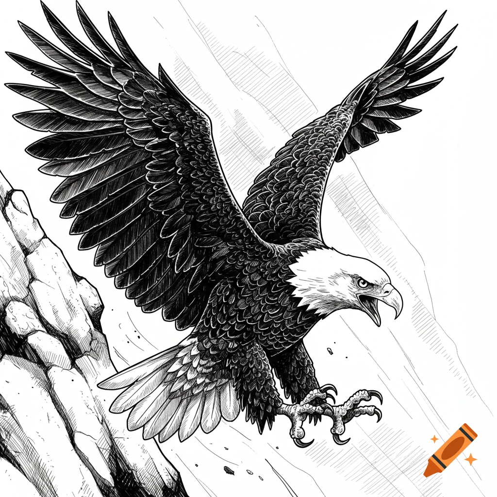 A black and white pen and ink illustration of an eagle with wings spread, swooping down from a rocky cliff face.