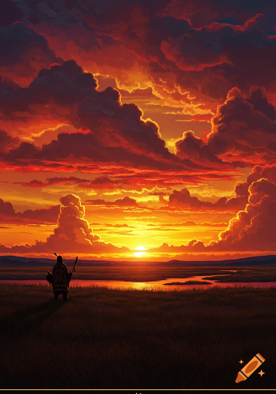 A striking digital painting of a lone figure in traditional attire standing in a vast grassy field at a vibrant orange and red sunset over water.