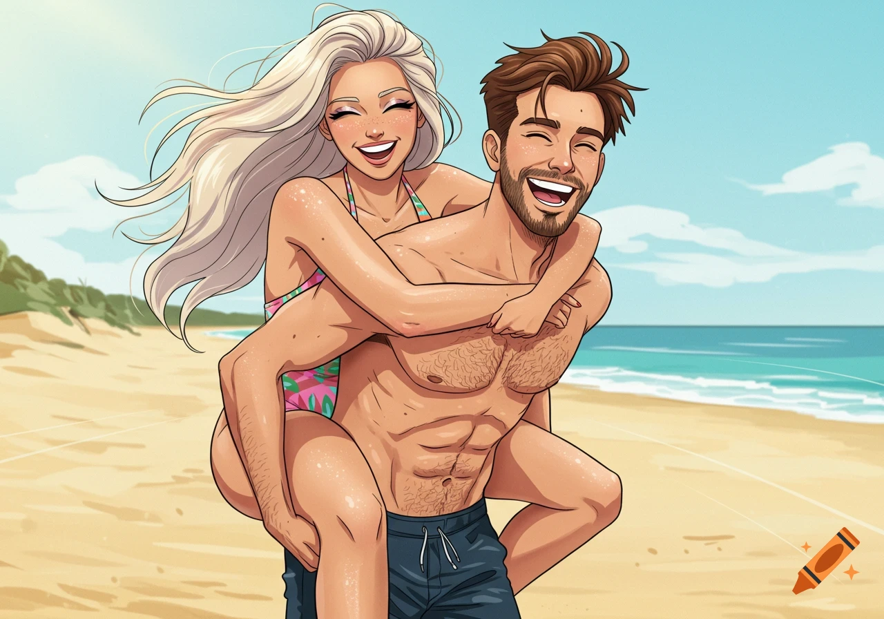 A smiling man gives a woman a piggyback ride on a sunny beach, in a vibrant cartoon style.