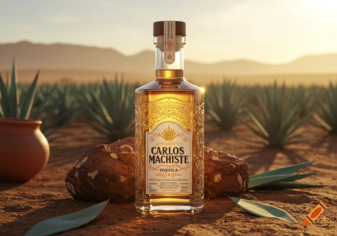 Photorealistic bottle of Carlos Machiste tequila in an agave field at sunset.