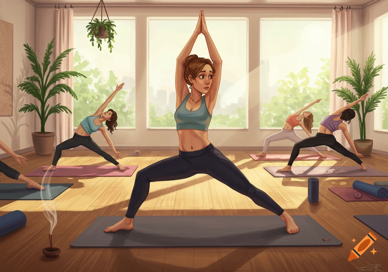 An illustration of a diverse group of women practicing yoga in a bright, sunlit studio, with one instructor looking awkwardly at her students.