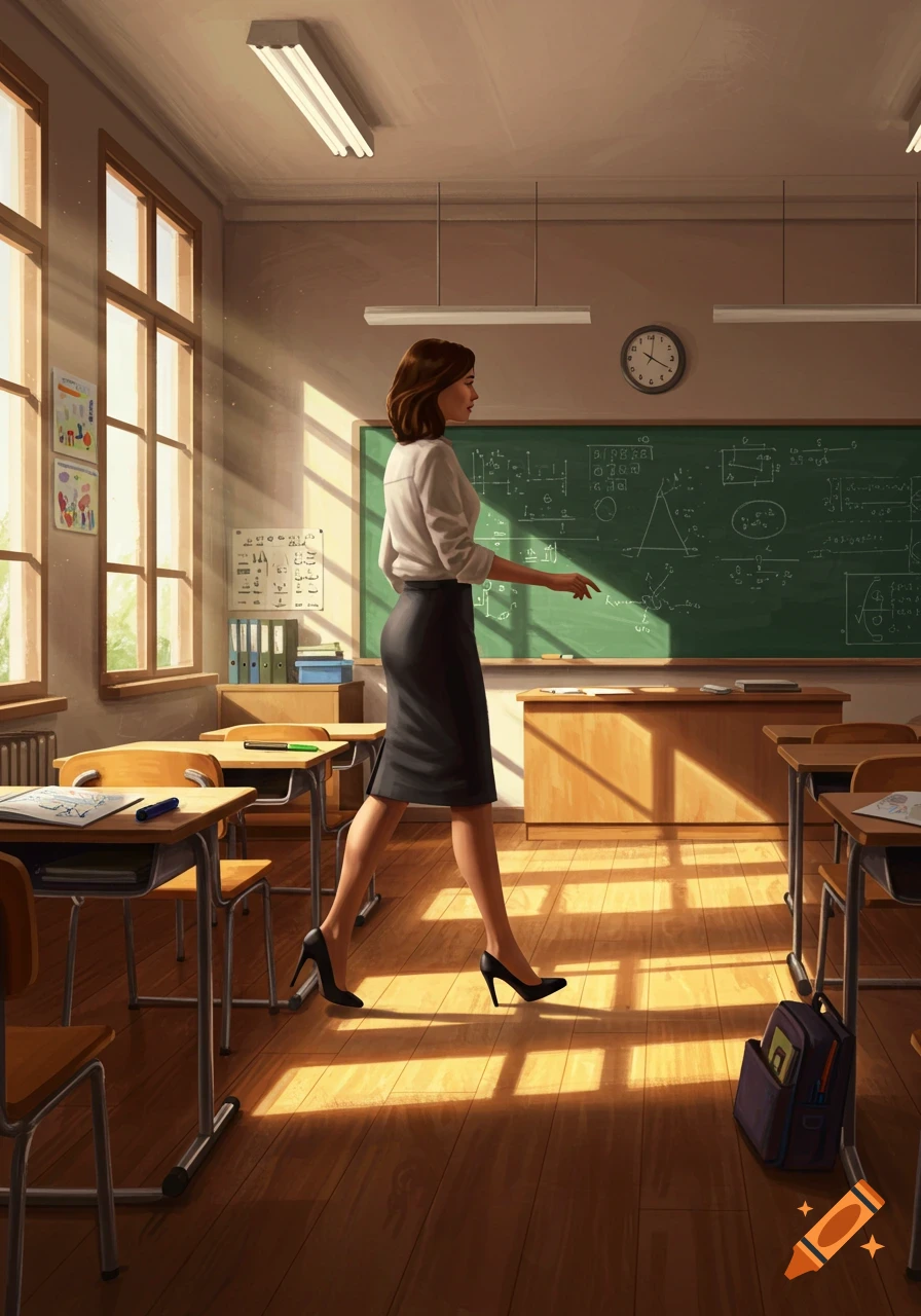 A woman teacher in a white shirt and black skirt with high heels walks through a sunlit classroom, past desks and a blackboard.