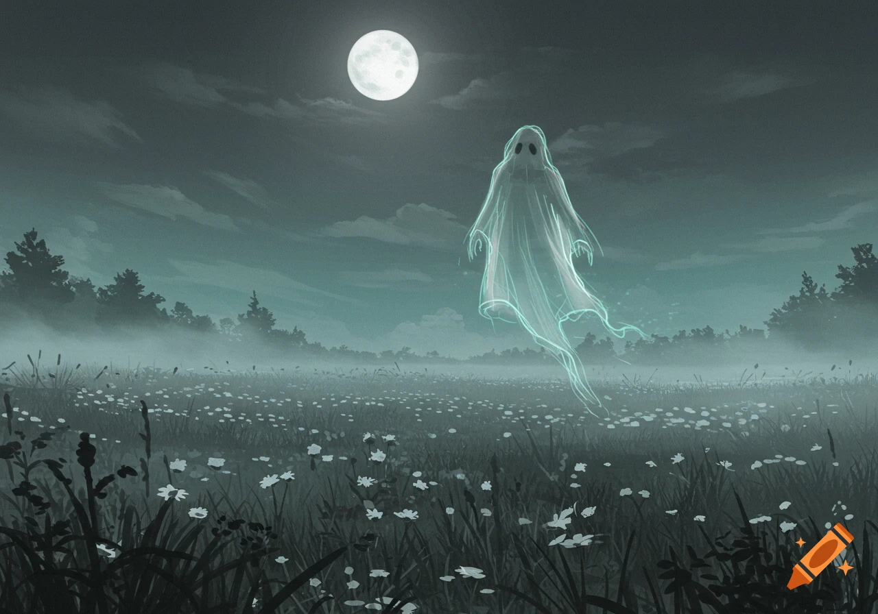 A glowing, ethereal ghost floats in a misty field of wildflowers under a bright full moon at night, in a stylized digital painting.