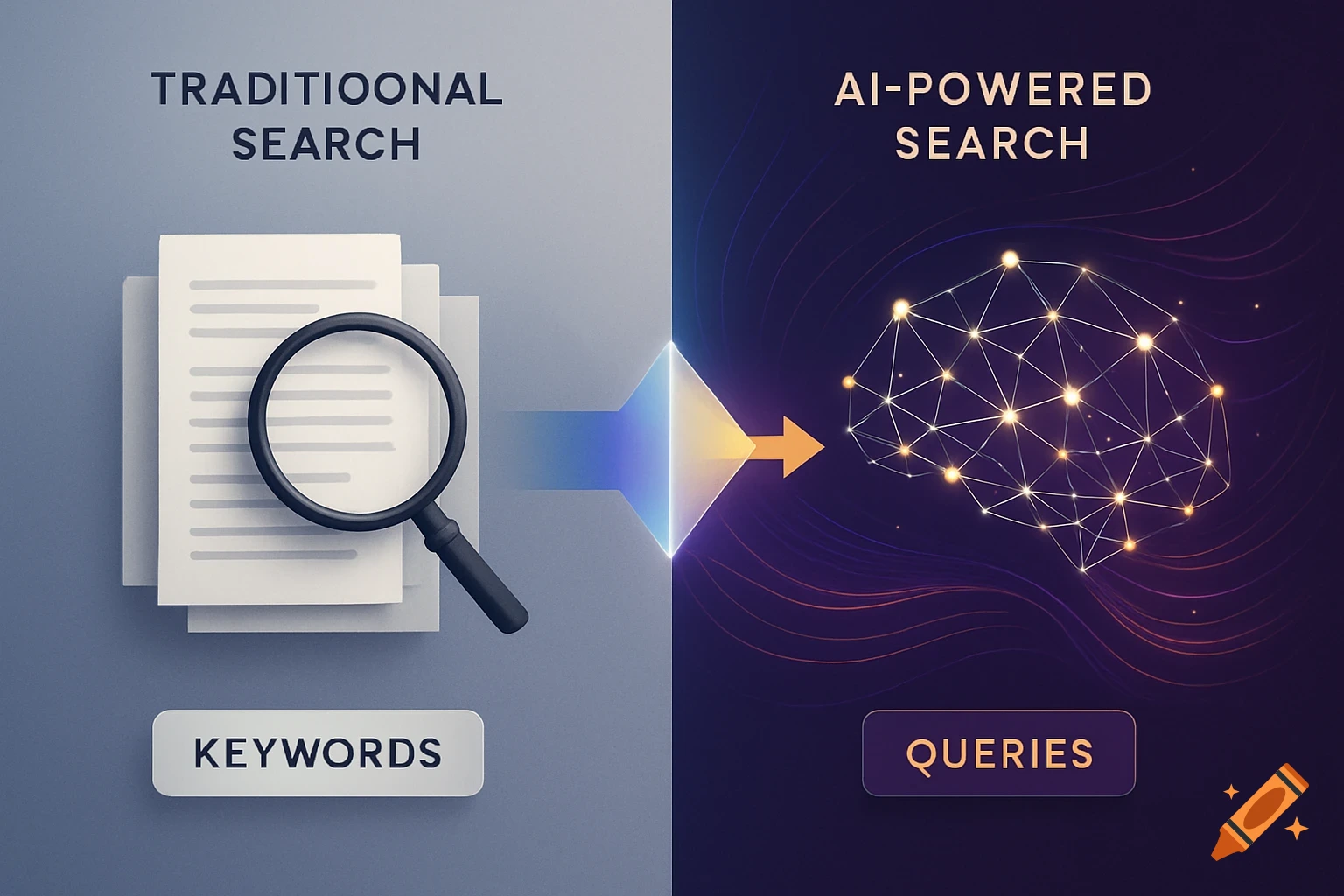 Diagram comparing traditional keyword search with AI-powered query search, showing documents and a brain network.