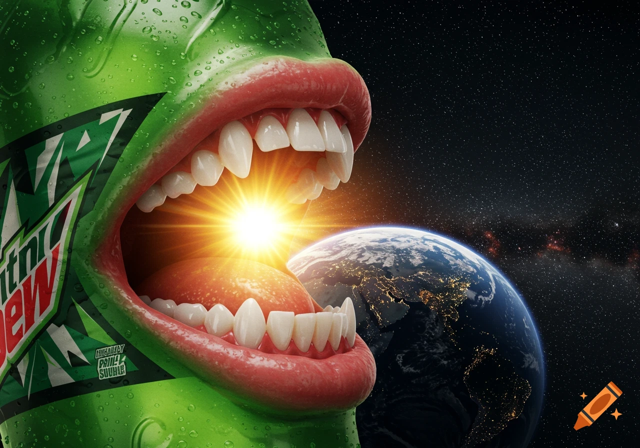 A hyperrealistic Mountain Dew bottle with a large open mouth and sharp teeth, appearing to absorb a bright, shining sun. The Earth is visible in the background against a starry night sky.
