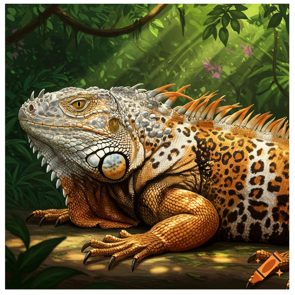 A close-up illustration of a calico cat and leopard spotted iguana in a lush green jungle, bathed in sunlight.