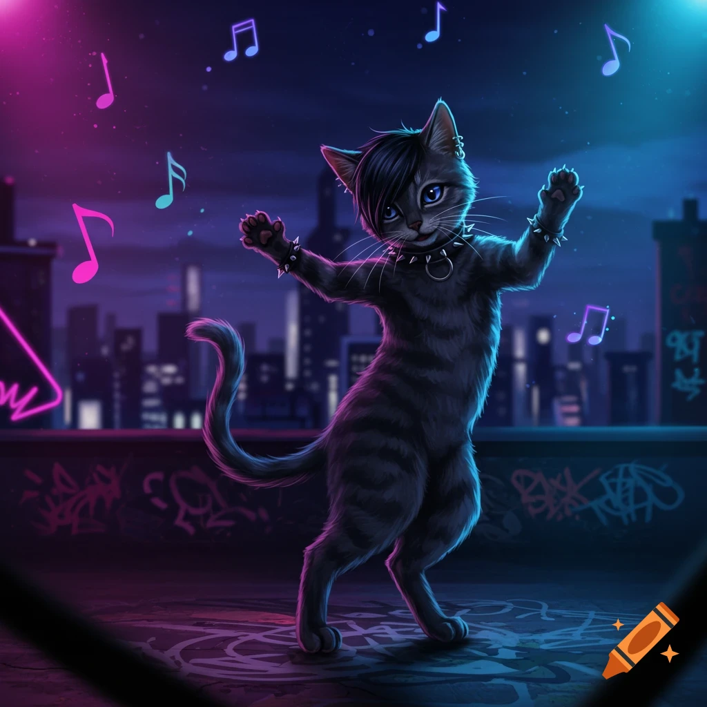 An emo cat with black hair, spiked collar, and bracelets dances on a neon-lit rooftop with a city skyline and floating musical notes in the background.