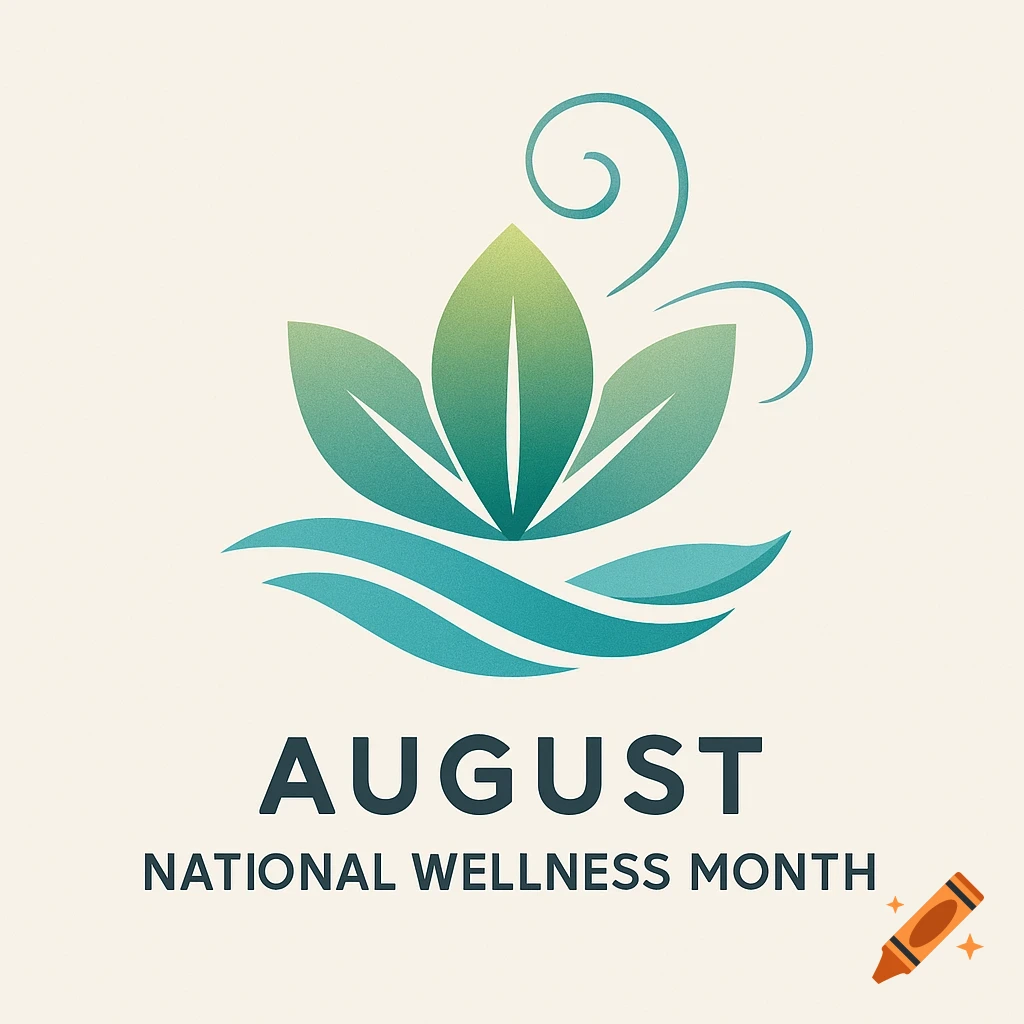 A stylized green and blue lotus flower logo above the words "AUGUST NATIONAL WELLNESS MONTH" on a light background.