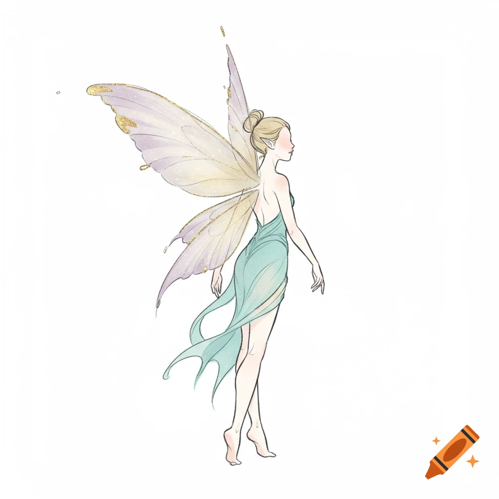 A simple drawing of a fairy with large iridescent wings and a flowing green dress, turned away on a white background.